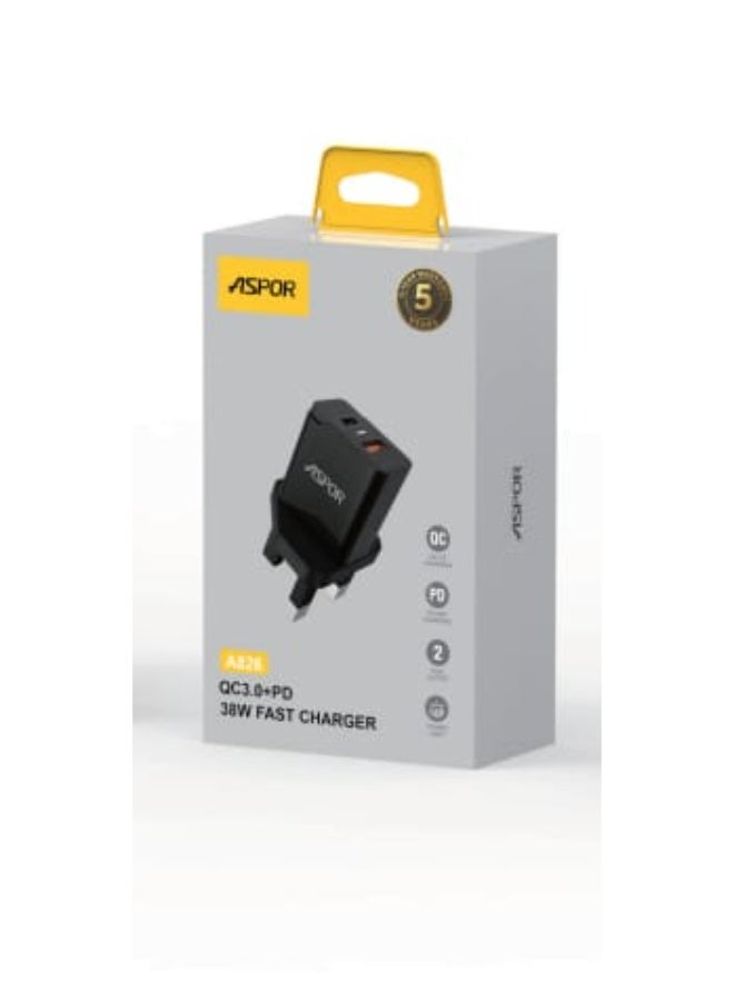 أسبور شاحن سريع Aspor A826 بقوة 38 واط - محول طاقة ثنائي المنافذ يدعم الشحن السريع PD و QC 3.0 - Image 3